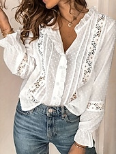 cheap Plain Blouses-Women's Blouse Buttons Plain Fashion Stylish Casual Long Sleeve Stand Collar Regular Tops Casual Daily Going out White Summer Spring