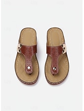 abordables Sandalias deslizantes-Sandalias tipo chanclas de piel sintética marrón para mujer con diseño perforado y detalles metálicos para uso informal y salidas de verano