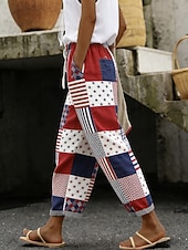  女性用 スラックス 旅行度假风 カジュアル 足首丈 ナチュラルウエストPantsアメリカ独立記念日 グラフィック フラッグ アメリカの国旗 ドローストリング パッチワーク ポケット 快適 履き心地よい 伸縮性なし 日常 ストリート お出かけ ブルー ルビーレッド 夏 春 ルーズフィット