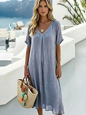 abordables Vestidos-Mujer Vestido Midi Vestidos con tacto de lino Moda Moderno Exterior Vacaciones Festivos Holgado Plano Manga Corta Escote en Pico Azul Real Naranja Verde Trébol Rosa Rojo Verano Primavera