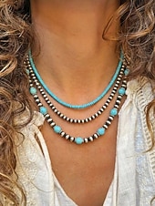 abordables Accesorios de vacaciones-Collar de mujer con cuentas turquesas en capas: joyería de estilo bohemio del suroeste para atuendos informales, fiestas en la playa y festivales de verano.