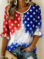  Dia da Independência Americana Mulheres Blusa Botões Imprimir Gráfico Bandeira americana Vintage Diário à moda Meia Manga Gola Redonda Tops regulares Casual Diário Azul Branco Vermelho Azul Real