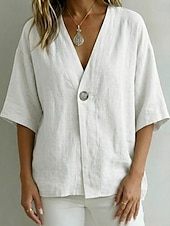 cheap Dressy Blouses-Women's Shirt Blouse Plain Bohemia Half Sleeve V Neck Regular Tops Blue White Pink Brown Green Summer Spring
