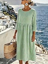 economico Abiti da vacanza-Per donna Abito Midi Abito a Tubino Vestito Estivo Vacanza Casual Spiaggia Uscire Vestibilità regolare Grafico Geometrico A righe Manica 3/4 Girocollo Blu Rosso Verde Grigio Estate Primavera