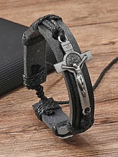 baratos Jóias Masculinas-Pulseira masculina de couro genuíno com liga metálica e cruz, ajustável nas cores preta ou marrom, joia vintage casual para uso diário, viagens e looks de férias.