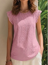 cheap Plain tee-Women's Eyelet Embroidery T Shirts Tee Top Lace Trims Elegant Stylish Short Sleeve Cap Sleeve Crew Neck Long Tops Casual Going out Vacation Wear Teal Black White Pink Sky Blue Summer Spring