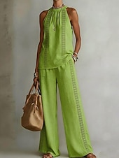 cheap Women's Blouse Suits-Women's Two Piece Sets T Shirt Pants Sets Sleeveless Halter Neck Plain Basic Casual Daily Vacation White Yellow Pink Summer Loose Fit