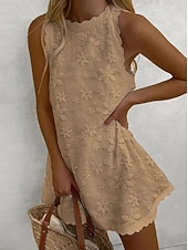 preiswerte Weiße Spitzenkleider-Damen Minikleid Spitzenkleid Weißes Kleid Urlaub Lässig Strand Strand Ferien Normale Passform Blumen Grafik Ärmellos Rundhalsausschnitt Blau Schwarz Weiß Rosa Sommer Frühling