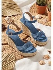 ieftine Femei-Sandale cu platformă pentru femei, din denim albastru - tocuri cu platformă, tip espadrile, cu barete împletite, și cataramă la gleznă, pentru vacanțe de lux în croazieră, ținute de resort tropical