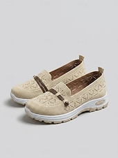 abordables Baskets femme-Baskets beiges respirantes pour femmes - chaussures de marche confortables à enfiler avec bride décorative en similicuir, baskets décontractées antidérapantes pour un usage quotidien, les voyages et