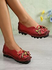 abordables Ballerines femme-Ballerines confortables en cuir de vachette rouge premium pour femme - légères et confortables toute la journée, ornées d'appliqués floraux faits main, avec semelle antidérapante, idéales pour la