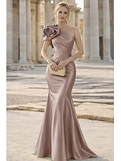 economico Abiti da Sera Sirena-Sirena Tromba Lunghezza al pavimento Abito da Sera Elegante Senza Maniche Monospalla Matrimonio Formale Raso Elasticizzato con Fiori 3D