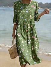 cheap Floral Dress-Women's Midi Dress Sundress Vacation Casual Boho Beach Holiday Regular Fit Floral Graphic 3/4 Length Sleeve Crew Neck White Pink Dusty Rose Green Summer Spring