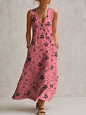abordables Vestidos florales-Mujer Vestido largo maxi Vestido de verano Vestido informal Vestido de una línea Elegante Vacaciones Fluido Playa Festivos Holgado Floral Graphic Sin Mangas Escote en Pico Azul Piscina Rosa Morado