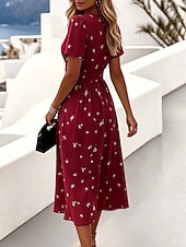 abordables Vestidos florales elegantes-Mujer Vestido Midi Vestido de una línea Vacaciones Casual Boho Ajuste regular Floral Graphic Manga Corta Escote en Pico Azul Piscina Rojo Verde Trébol Verano Primavera