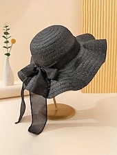 abordables Chapeaux pour femmes-Chapeau de soleil bohème en paille pour femme, chapeau de plage pliable multicolore avec nœud papillon, chapeau à larges bords portable pour une tenue décontractée
