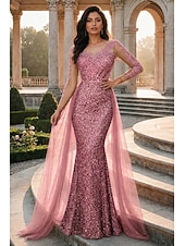 abordables Vestidos de gala-Corte Trompeta Sirena Hasta el Suelo Vestidos de noche Vestido de baile con sobrefalda Vestimenta formal Elegante Manga Larga Cuello Barco Fiesta de baile Fiesta de Noche Tul con Lentejuela