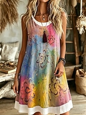 preiswerte Kunst &amp; Design Kleid-Damen Knielanges Kleid Sommerkleid A Linie Kleid Urlaub Lässig Boho Lässiger Schnitt Ombre Blumen Grafik Ärmellos U-Ausschnitt Blau Rosa Purpur Sommer Frühling