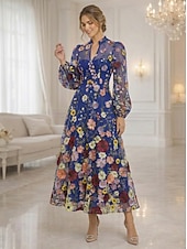 voordelige Enkel Lengte-A-lijn Tot de enkel Kanten jurk Moeder van de bruid jurk Lange mouw V-hals Elegant Vintage Luxueus Formeel Bruiloft gast Bruiloft Kant Tule met 3D-bloemen Borduurwerk Bloem