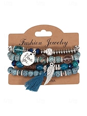 preiswerte Urlaubszubehör-Mehrlagiges Perlenarmband-Set im Boho-Stil für Damen – farbenfrohe Armbänder mit Quaste und Flügelanhänger für Freizeit und Strand.