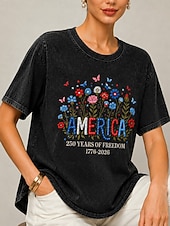 abordables Tops del Día de San Valentín-Día de la Independencia de Estados Unidos, mujer, 100% algodón, bordado, estilo vintage, elegante, manga corta, cuello redondo, tops regulares, casual, negro, verano, primavera
