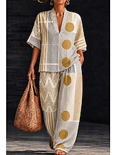 voordelige Blousepakken voor dames-Dames Overhemd Katoenen linnen sets Broeken Sets Korte mouw Halve mouw V-hals Bloemig Grafisch Geometrisch Afdrukken Vakantie Modieus Streetwear Casual Dagelijks Buiten Geel Oranje Lente zomer Ruim