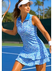cheap Women's Tennis Dress-Women's Floral Tennis Dress Sports Dress Tennis Polo Dress Sleeveless Quarter Zip Elastic Sweat-Wicking Breathable Volleyball Tennis Golf Collar Turndown Dress Blue Tennis Clothing