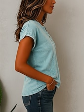 abordables Camiseta lisa-Mujer Algodón lavado 100% Algodón Henley Shirt Bolsillo Color sólido Vintage Elegante Manga Corta Manga Murciélago Tops regulares Casual Verano Azul Piscina Verde Claro Rosa Verano Primavera