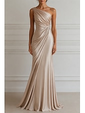 abordables Vestidos de Noche Sirena-Corte Trompeta Sirena Hasta el Suelo Vestidos de noche Elegante Sin Mangas Un Hombro Boda Formal Vestido rosa Satén elástico con Plisado