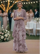 cheap Mom's Dress Sets-Two Piece A-Line Floor Length Wedding Guest Dress Mother of the Bride Dress Sleeveless 3/4 Length Sleeve Scoop Neck Elegant Simple Minimalist Formal Semi Formal Chiffon Jacquard with Floral Print