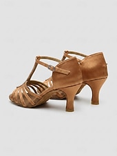 cheap Latin Shoes-Women's Brown Rhinestone T-Strap Latin Dance Shoes - Elegant Peep Toe Heel Salsa &amp; Tango Sandals with Faux Suede Sole for Dance Practice, Ballroom Performances &amp; Social Events