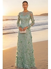 cheap Floor Length-A-Line Floor Length Mother of the Bride Dress Long Sleeve Boat Neck Elegant Vintage Luxurious Formal Wedding Guest Wedding Party Lace Tulle with 3D Flowers Embroidery Appliques