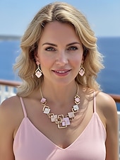 cheap Women's Necklace-Women's Bohemian Geometric Square Jewelry Set, Gold Alloy Enamel Necklace &amp; Drop Earrings, Colorful Modern Statement Accessories for Vacation, Travel and Daily Casual Wear