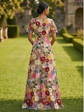  A-lijn Jurken Tot de grond Maxi-jurk Feestjurk Cocktail jurk Moeder van de bruid jurk Korte mouw V-hals Elegant Vintage Luxueus Formeel Bruiloft gast Kentucky Derby Chiffon Tule met Borduurwerk