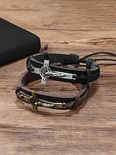 baratos Jóias Masculinas-Pulseira masculina de couro genuíno com liga metálica e cruz, ajustável nas cores preta ou marrom, joia vintage casual para uso diário, viagens e looks de férias.