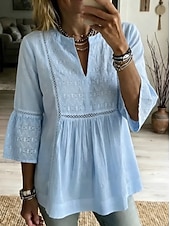  Femmes Chemisier Chemises brodées Élégant Bohème Manche 3/4 Col en V Hauts courts Plage Soirée Jaune clair Blanche Bleu Ciel Été Printemps