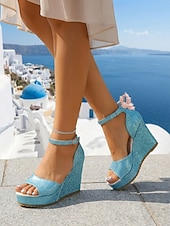 cheap Wedge Sandals-Women's Sky Blue Glitter Wedge Sandals - Sparkly Open Toe Platform Heels with Ankle Strap for Island Vacation, Beach Resort Wear &amp; Summer Party