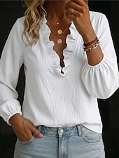  Mujer Camisa Color sólido Plano Elegante Bohemia Vacaciones Manga Larga Escote en Pico Tops regulares Casual Azul Piscina Blanco Rosa Caqui Verano Primavera