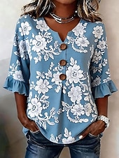  Per donna Camicia Camicia Boho Camicia casual Floreale Grafico Elegante Bohemien Attivo Manica 3/4 Scollo a V Top lunghi Casuale Cachi Blu scuro Albicocca Azzurro Estate Primavera Autunno Inverno