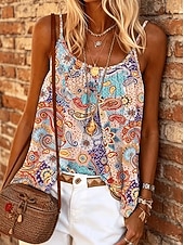 preiswerte Grafiktank-Damen Hemd Bluse Druck Grafik Geometrisch Paisley-Muster Bohemien Vintage Tropisch Ärmellos Träger Normale Oberteile Lässig Täglich Khaki Rote Dunkelgrün Purpur Braun Sommer Frühling