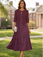 voordelige Jurkensets voor mama-Tweedelig A-lijn Over de knie Bruiloft gast jurk Moeder van de bruid jurk Korte mouw V-hals Elegant Eenvoudig Luxueus Formeel Bruiloft gast Chiffon Crêpe met Kant Kralen