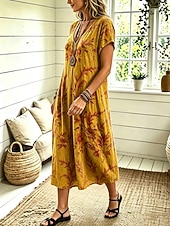  Women's Midi Dress A Line Dress Casual Loose Fit Floral Abstract Short Sleeve V Neck Blue Yellow Pink Dusty Blue Summer Spring