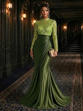 economico Abiti da Sera Sirena-Sirena Tromba Lunghezza al pavimento Abito da Sera Elegante Setoso Abito da sera stile impero Manica Lunga Collo Alto Matrimonio Formale Raso Elasticizzato Con Paillettes con Glitter Pieghe Perline