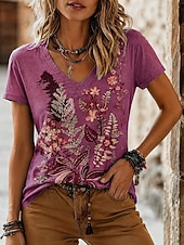 economico T-shirt Boho-Per donna Maglietta Stampato Floreale Grafico Tribale Elegante Classico Casual Manica Corta Scollo a V Top Regolari Casuale Quotidiano Rosso Estate Primavera
