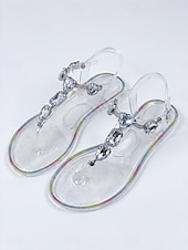 cheap Flat Sandals-Women's Clear Jelly Sandals with Sparkling Rhinestones - Elegant T-Strap Flat Sandals for Beach Vacations, Summer Weddings &amp; Tropical Resort Wear