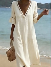 baratos Vestido Simples-Mulheres Vestido midi Vestidos Para o Verão Elegante Férias Manga Princesa Praia Ajuste Largo Côr Sólida Meia Manga Decote mergulhador Azul Claro Branco Champanhe Verde Claro Verão Primavera