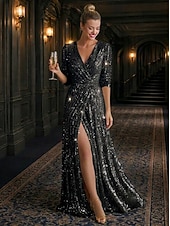 ieftine Rochii de seară în linie A-Linia -A Lungime Podea Rochii de seara Rochie formală Elegant Sclipici Split de înaltă Lungime Manșon 3/4 În V Serată Nuntă Paiete cu Strălucire Paiete Culoare solida