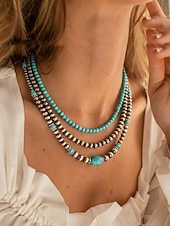 abordables Accesorios de vacaciones-Collar de mujer con cuentas turquesas en capas: joyería de estilo bohemio del suroeste para atuendos informales, fiestas en la playa y festivales de verano.