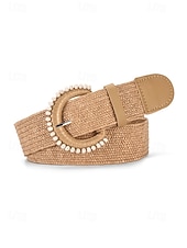 cheap Women's Belt-Women's Boho Straw Woven Belt, Wide Raffia Waist Belt with Beaded Buckle, Casual Cinch Belt for Summer Beach Vacation &amp; Daily Wear, Khaki/Beige