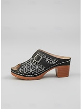 abordables Sandales à glissière-Mules à talon bloc brodées bleues pour femmes - sandales à boucle florale pour brunch, garden-parties et style rétro au quotidien